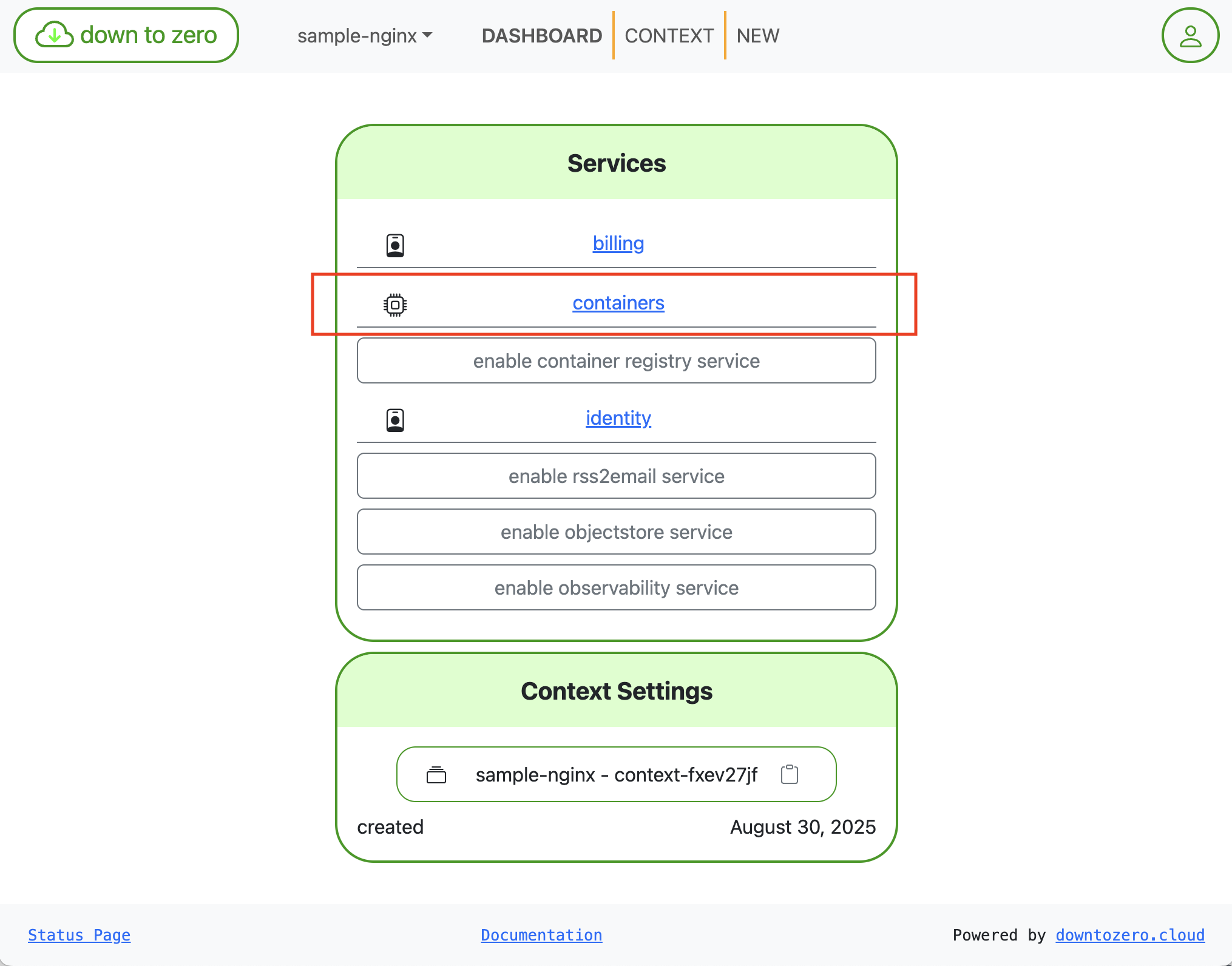 shows the Container Services overview